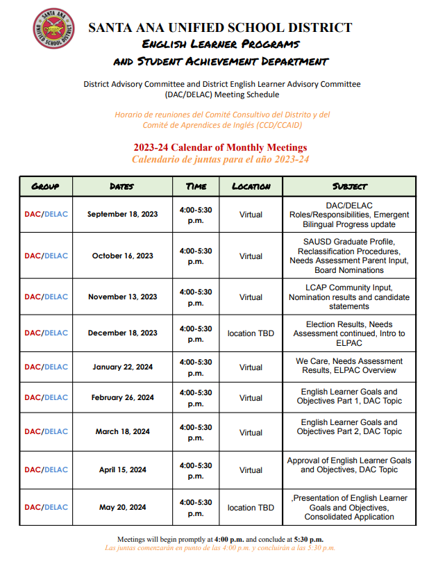 DAC/DELAC Meetings 2023-24